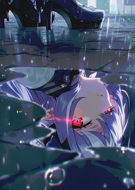 Anime Girl Reflection in Rainy Puddle