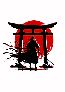 Samurai Silhouette with Torii Gate and Sun