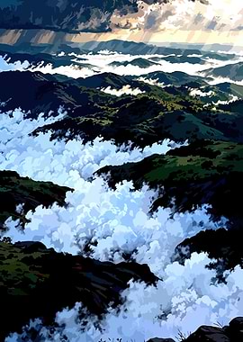 Mountain range with clouds and sunlight