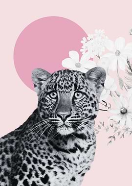 Leopard Portrait with Floral and Pink