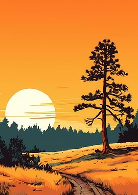 Sunset Landscape with Tree and Path