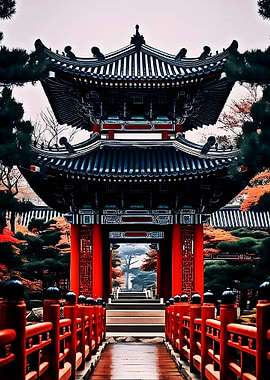 Traditional Asian Pagoda and Bridge