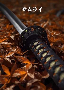 Samurai Sword on Autumn Leaves Poster V1