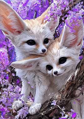 Two Cute Fennec Foxes in Purple Flowers
