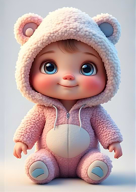 Cute Baby in Pink Bear Outfit
