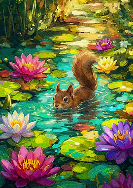 Squirrel Swimming in Lily Pond Painting