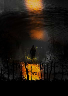Silhouette in Dark Forest with Orange Glow