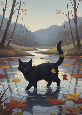 Black Cat in Autumn Stream