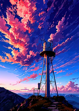 Tower on a Mountain at Sunset