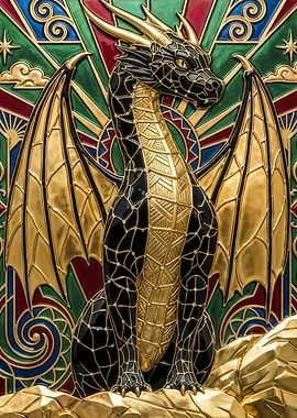 Art Nouveau Dragon in Gold and Emerald Stained Glass
