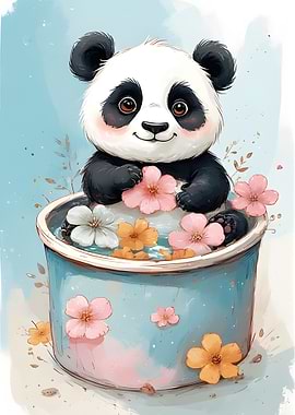 Cute Panda in Floral Bath