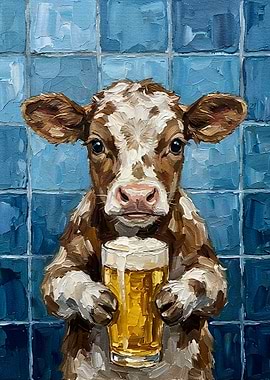 Cow Holding Beer Painting