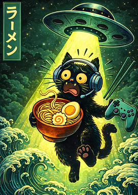 Abducted Gamer Cat with Ramen