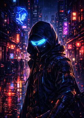 Cyberpunk masked figure in neon city