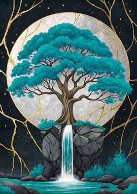 Mystical Tree and Waterfall Painting with Moon and Gold Accents Art