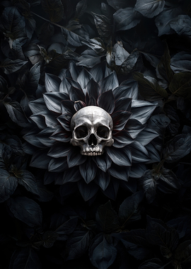 Skull in Dark Floral Arrangement
