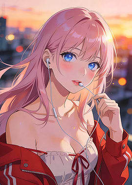 Anime Girl with Pink Hair and Headphones