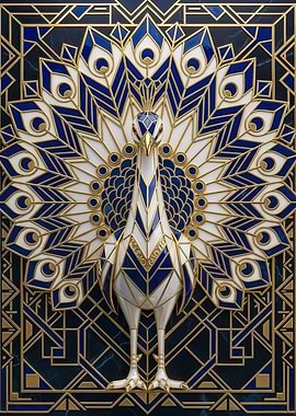 Art Deco Peacock in Blue and Gold Geometry