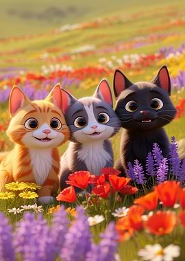 Three Cartoon Cats in Flower Field