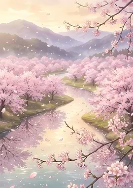 Cherry Blossom River Landscape
