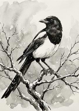 Magpie in Winter Watercolor Painting