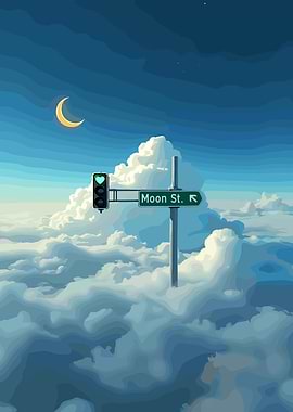 Moon Street Sign in the Clouds