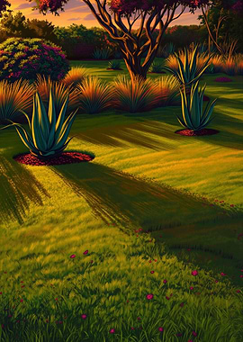 Lush Garden Landscape with Agave Plants