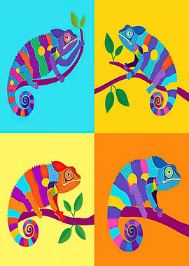 Colorful Chameleon Pop Art Quadriptych