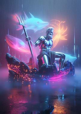 Cyberpunk Poseidon with Dolphins