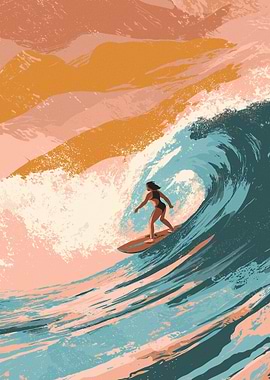 Surfer Girl Riding a Big Wave