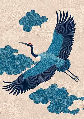 Crane in Flight with Cloudscape