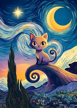 Cat With Big Eyes in Starry Night
