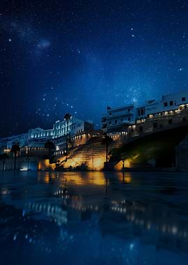 Night cityscape with starry sky reflection