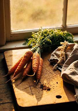 Fresh Carrots on Wooden Cutting Board