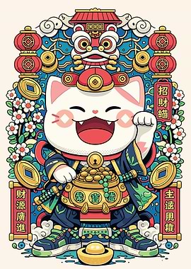 Lucky Cat with Gold and Lanterns