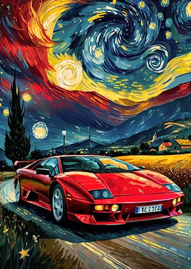 Red Lamborghini in Starry Night Style