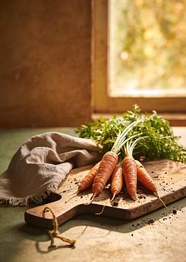 Fresh Carrots on Wooden Cutting Board
