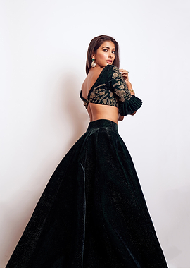 pooja hegde in Green Velvet Lehenga Choli
