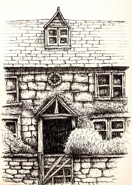 Ink Drawing of a Stone Cottage