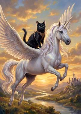 Black Cat Riding a Winged Unicorn