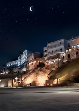 Night cityscape with moon and stars