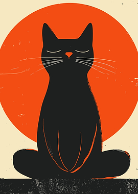 Meditating Black Cat with Orange Circle