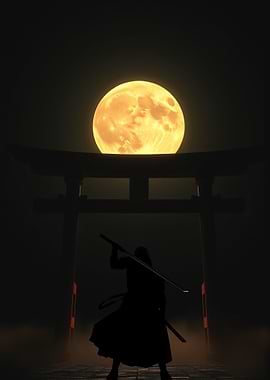 Samurai Silhouette Under Full Moon