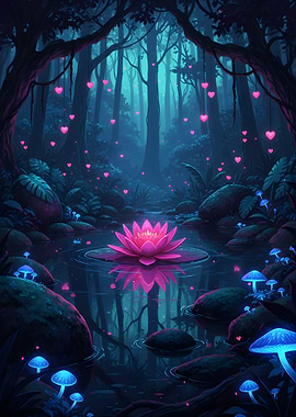 Enchanted Forest with Lotus and Hearts