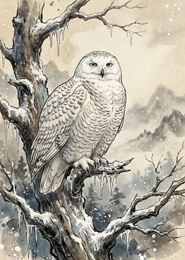 Snowy Owl Perched on Winter Tree