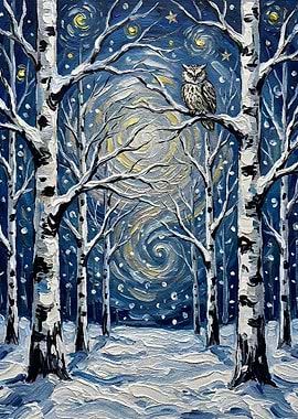 Winter Night Owl in Birch Forest