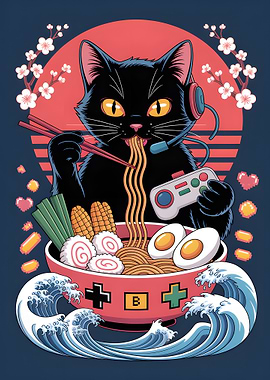Gamer Cat Eating Ramen Illustration