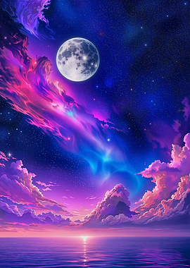 Dreamy Moonlit Seascape with Colorful Clouds