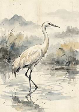 Watercolor Heron in Misty Landscape