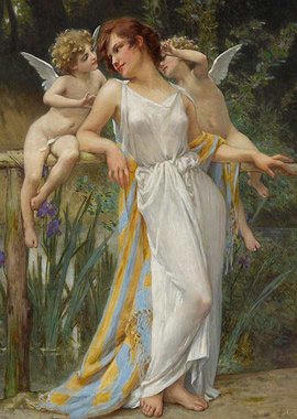 Woman with Angels in Garden Painting